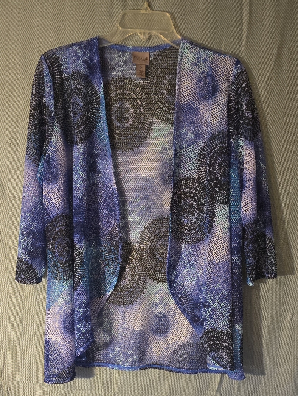 Chico's Blue & Black Open-Front Patterned Cardigan
